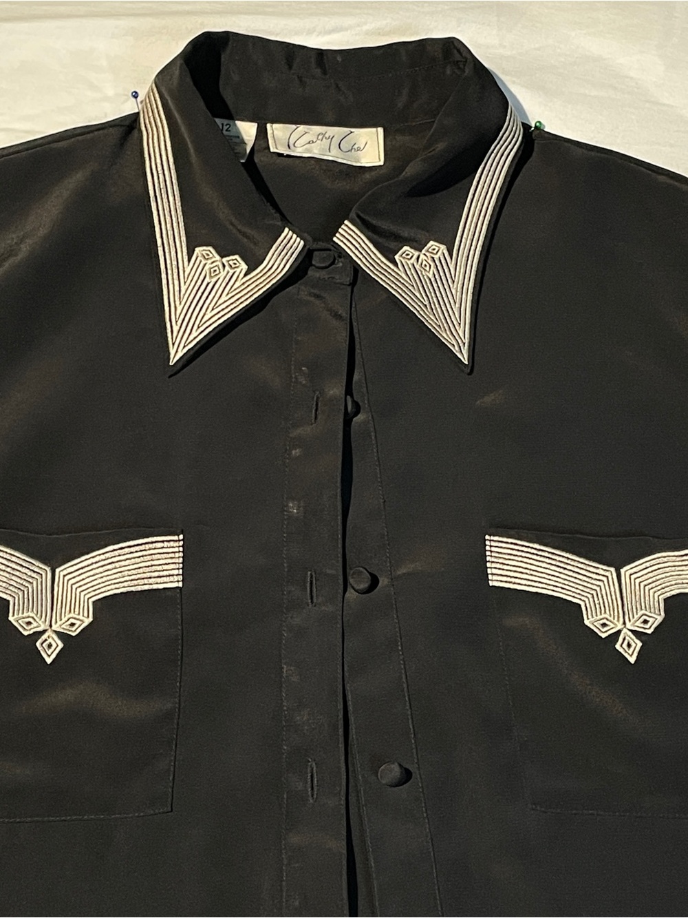 Vintage Kathy Che Black Art Deco Embroidered Blouse Button Up Shirt Size 12